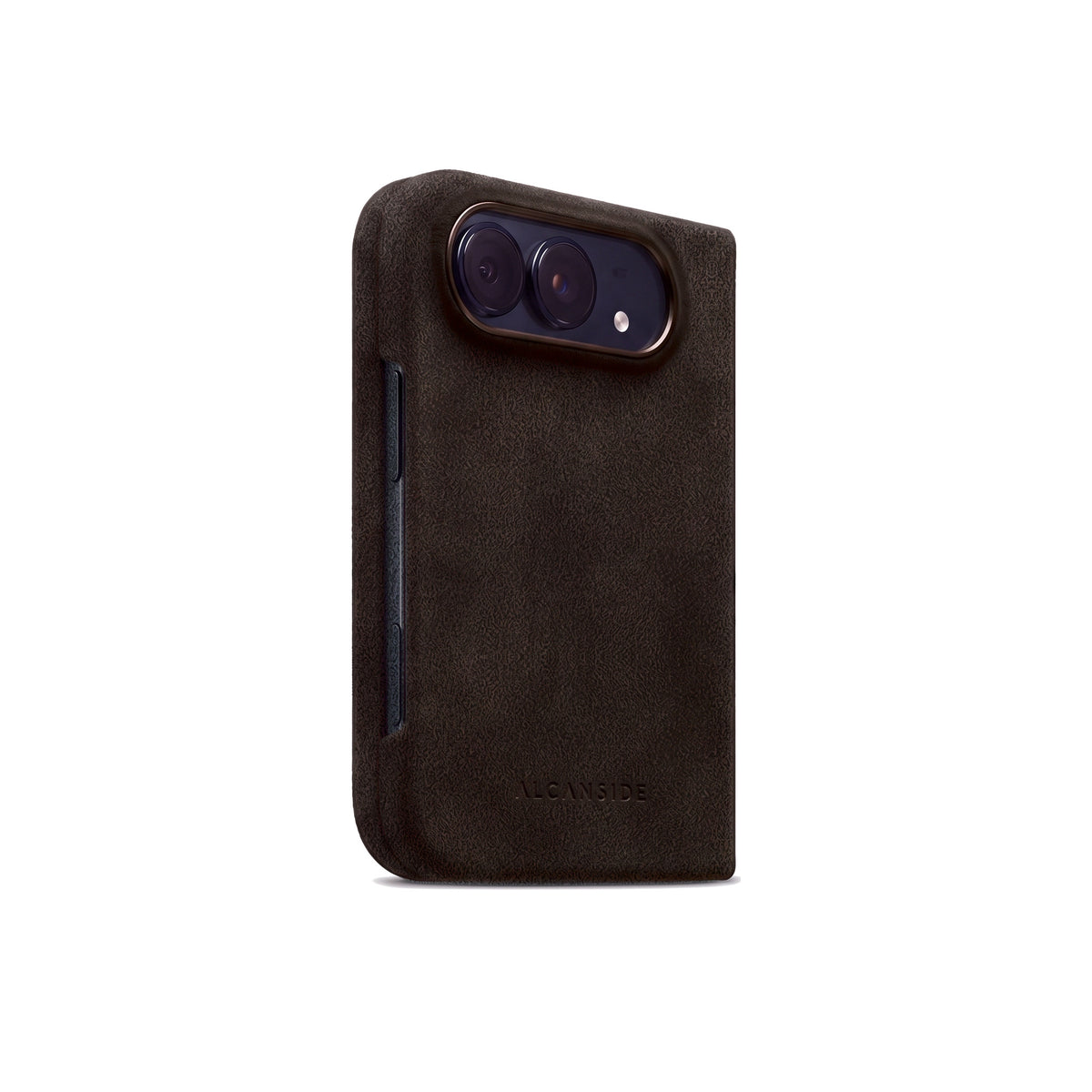 Chocolate Brown Alcantara case for iPhone Duo, closed, three-quarter view with the button cutout