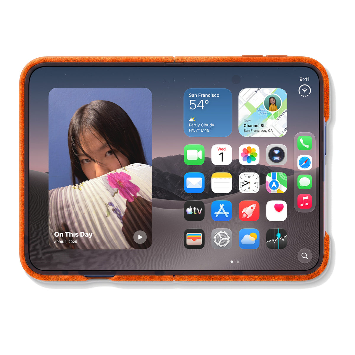 iPhone Duo unfolded in the Orange Alcantara case, inner display